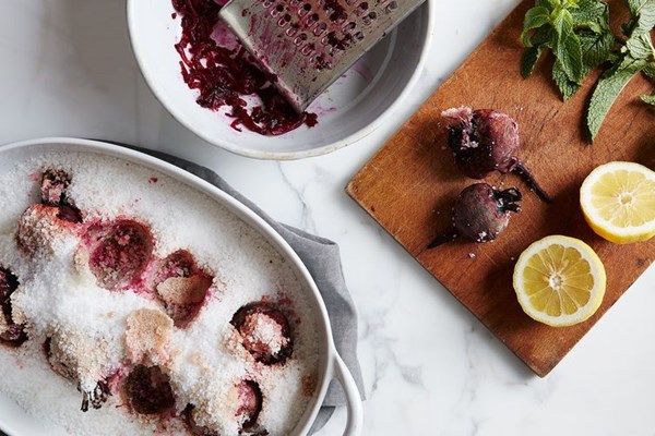 Beet salad with tehina sauce and fresh herbs