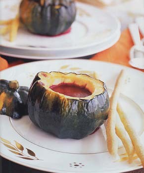 Beet soup in roasted acorn squash