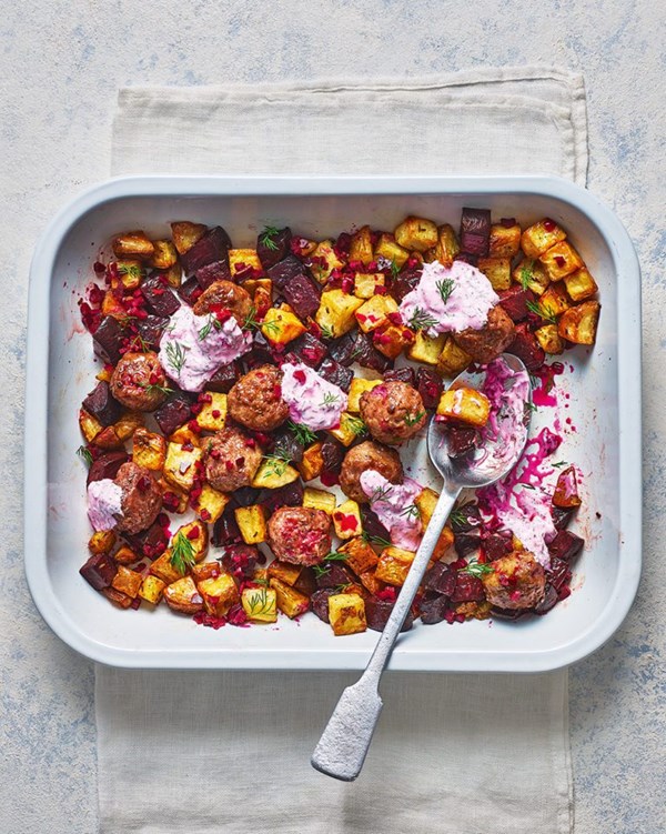 Beetroot & beef meatballs with pickled beet stalks and soured cream 