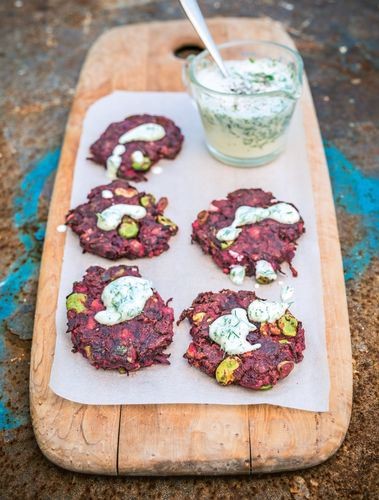 Beetroot & cumin fritters with horseradish & dill yoghurt