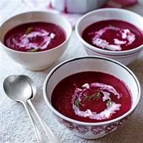 Beetroot and apple borscht with soured cream and cheese
