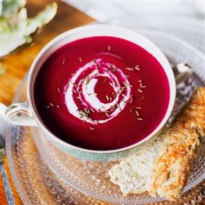 Beetroot and apple soup with Lancashire cheese scone fingers