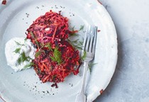 Beetroot and carrot fritters with dill and yogurt sauce