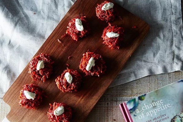 Beetroot and carrot fritters with dill and yogurt sauce