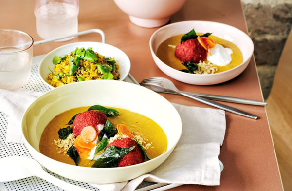 Beetroot and cashew dumplings with tomato coconut curry
