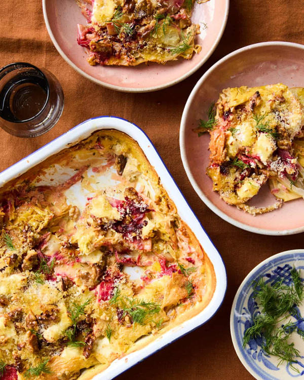 Beetroot and celeriac gratin with goat's cheese