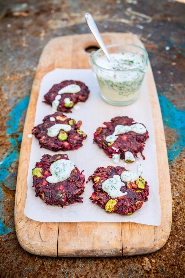Beetroot and cumin fritters with horseradish and dill yoghurt