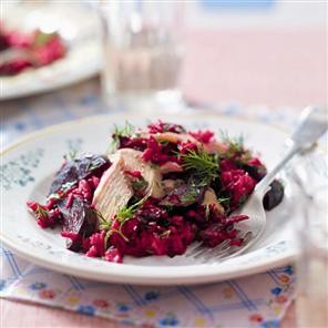 Beetroot and dill pilaf with hot-smoked trout