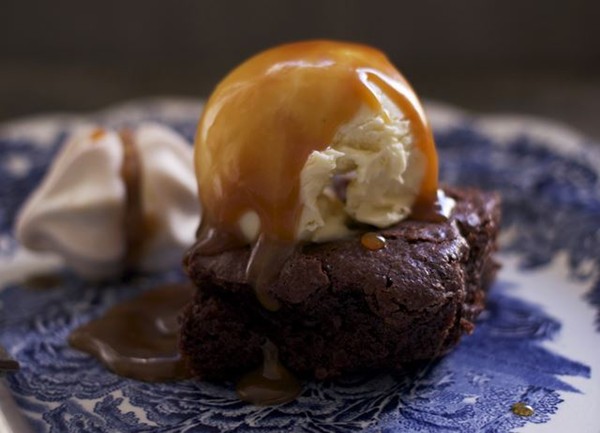 Beetroot and espresso brownie with beetroot meringues, salted caramel, white chocolate and kirsch ice cream