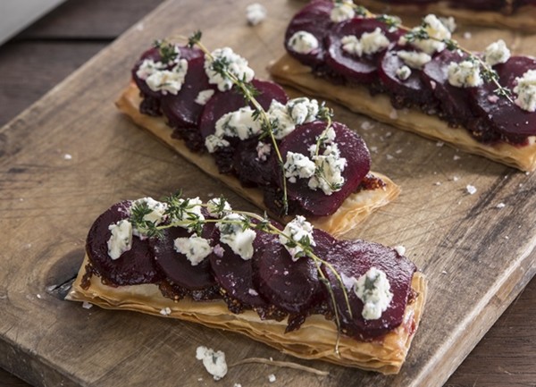 Beetroot and fig filo pastry tartlets with Oxford blue cheese