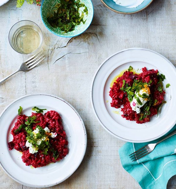 Beetroot and goat's cheese risotto with mint gremolata