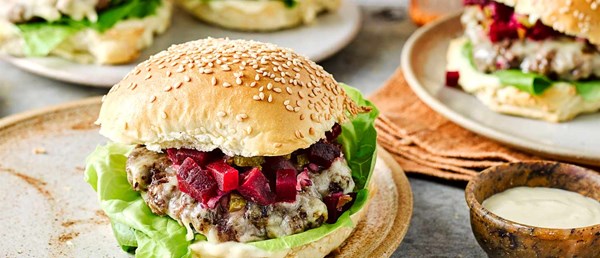 Beetroot and horseradish beef burger