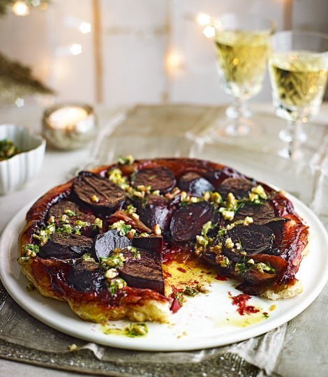 Beetroot and shallot tarte Tatin with walnut, orange and dill dressing