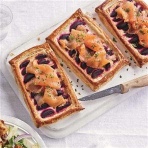 Beetroot and smoked salmon tart with horseradish
