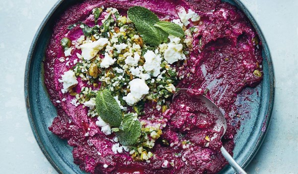 Beetroot and sweet potato dip with pistachio bulgur salsa
