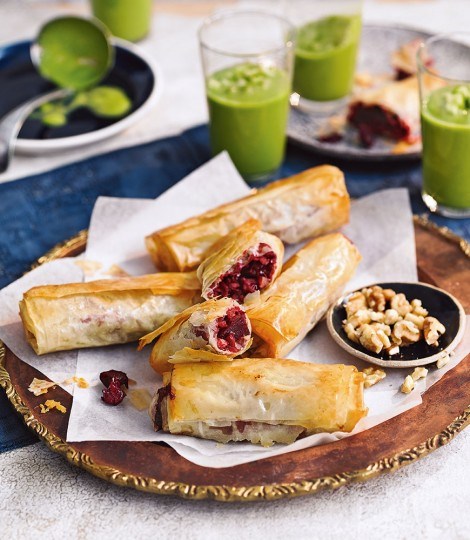 Beetroot and walnut borek with cucumber, avocado and apple gazpacho