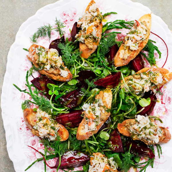 Beetroot and watercress with crab toasts