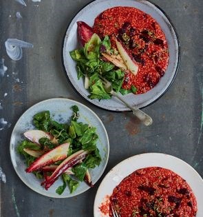Beetroot anise millet risotto with warm green salad