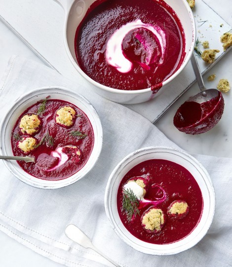 Beetroot, apple and horseradish soup with herb dumplings