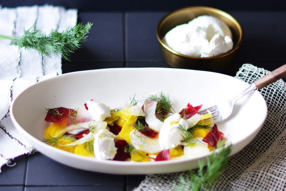 Beetroot carpaccio with goat's curd and dill