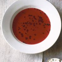 Beetroot, celeriac and porcini broth with horseradish cream