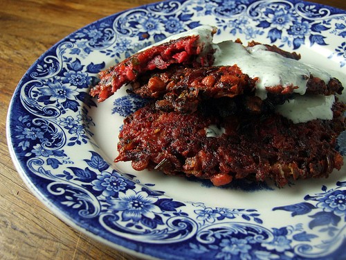 Beetroot, chickpea and feta fritters with minty yoghurt