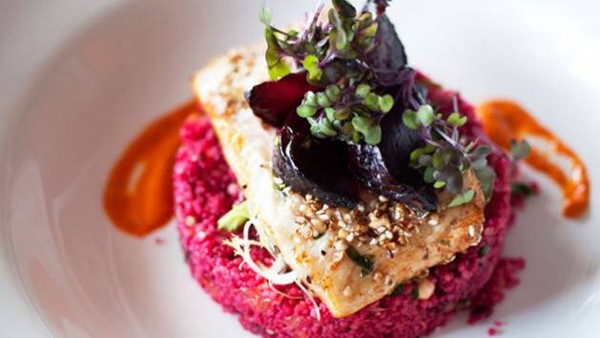 Beetroot couscous with dukkah-crusted perch