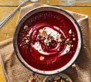 Beetroot, cumin & coriander soup with yogurt & hazelnut dukkah