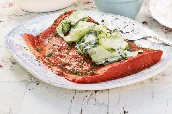Beetroot-cured gravlax with cucumber salad
