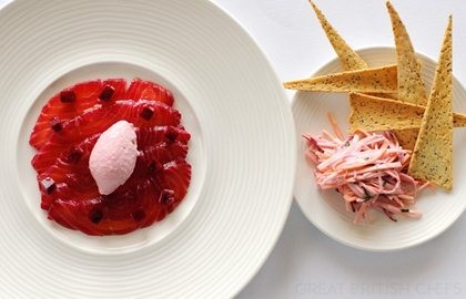 Beetroot cured salmon, salmon pâté, root vegetable salad and thyme crackers