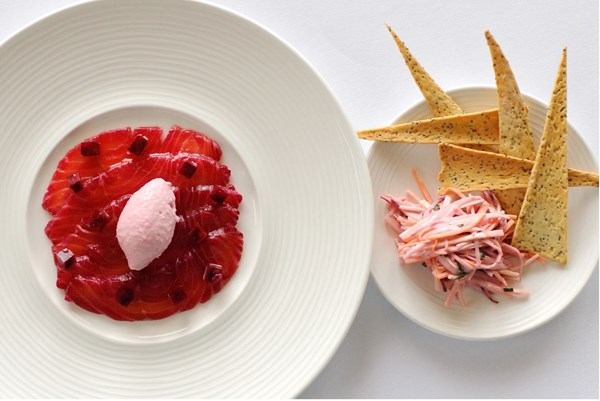 Beetroot-cured salmon, salmon pâté, root vegetable salad & thyme crackers [Nathan Outlaw]
