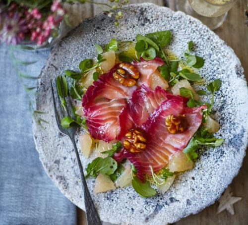 Beetroot-cured salmon with citrus salad & caramelised walnuts