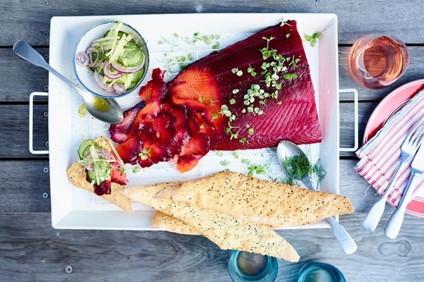 Beetroot-cured salmon with cucumber & apple salad