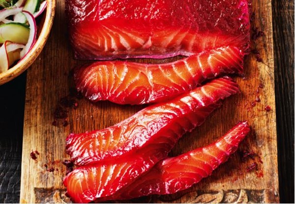 Beetroot-cured salmon with cucumber & apple pickle