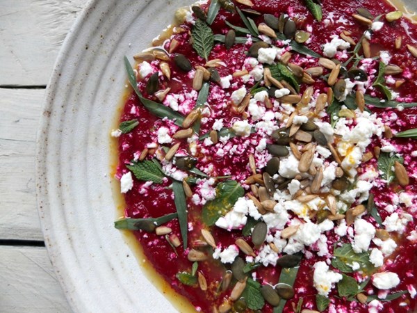 Beetroot dip with feta, herb and Scotch bonnet oil