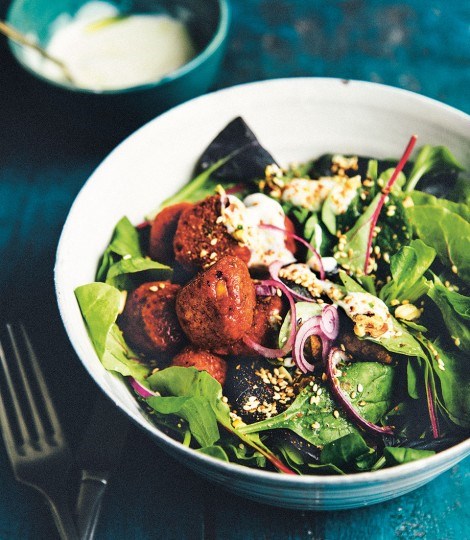 Beetroot falafel, dukkah and mint salad