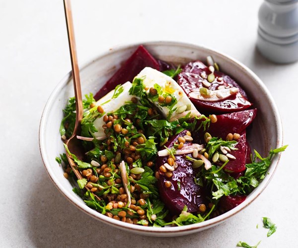 Beetroot, feta and lentil salad