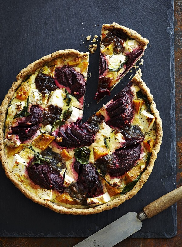Beetroot, feta and sweet potato tart with spelt and sour cream pastry