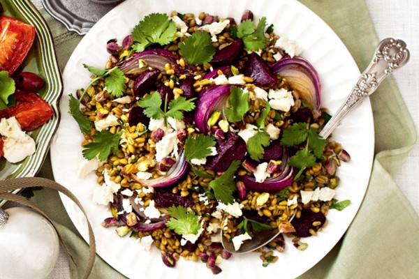 Beetroot, freekeh and pistachio salad
