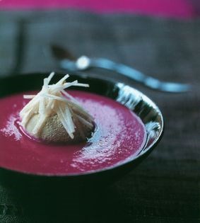 Beetroot gazpacho with apple and frozen avocado cream