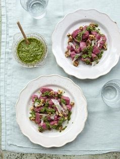 Beetroot gnocchi with nutty watercress pesto