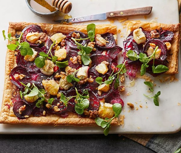Beetroot, goat's cheese & walnut tart