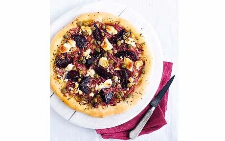Beetroot, goat's cheese and caper pizza