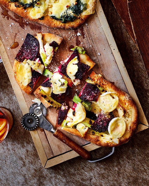 Beetroot, goat’s cheese and crème fraîche pinsa Romana