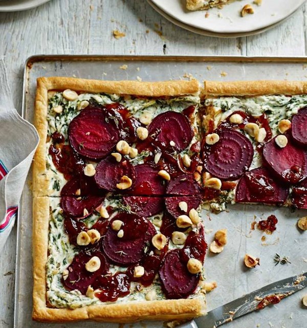 Beetroot, goats' cheese and hazelnut tart