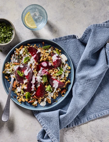 Beetroot, herb and nutty grain salad with feta dressing