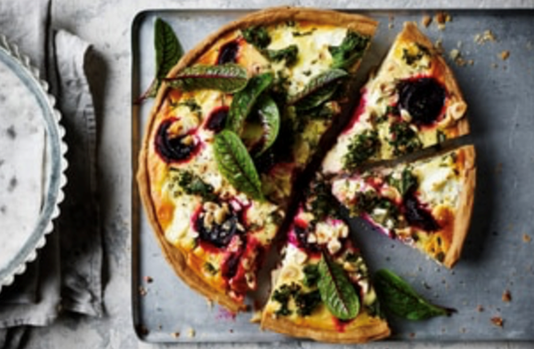 Beetroot, kale and hazelnut quiche