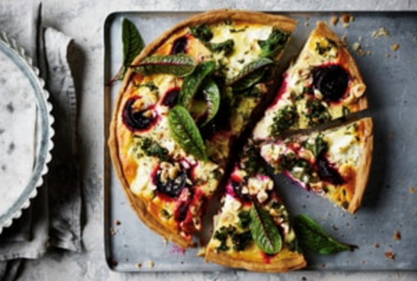 Beetroot, kale and hazelnut quiche