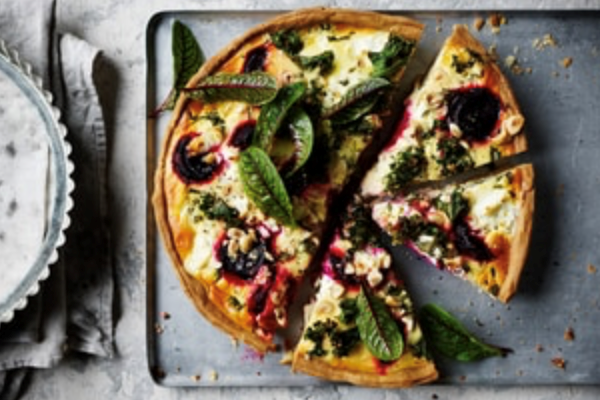 Beetroot, kale and hazelnut quiche