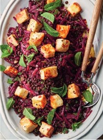 Beetroot, lentil & mint salad with fried halloumi